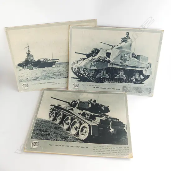 WWII LARGE BRITISH FOR FREEDOM THICK CARD POSTERS – TANKS IN MIDDLE EAST, WESTERN DESERT & AIRCRAFT CARRIER, L.490MM