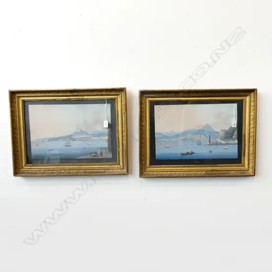 PR ANTIQUE GOUACHE ITALIAN LANDSCAPES; PALERMO & NAPOLI (glass broken) 270x405mm