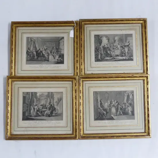 4 ANTIQUE FRENCH ETCHINGS IN GILDED FRAMES 335 X 300 (INCL FRAMES)