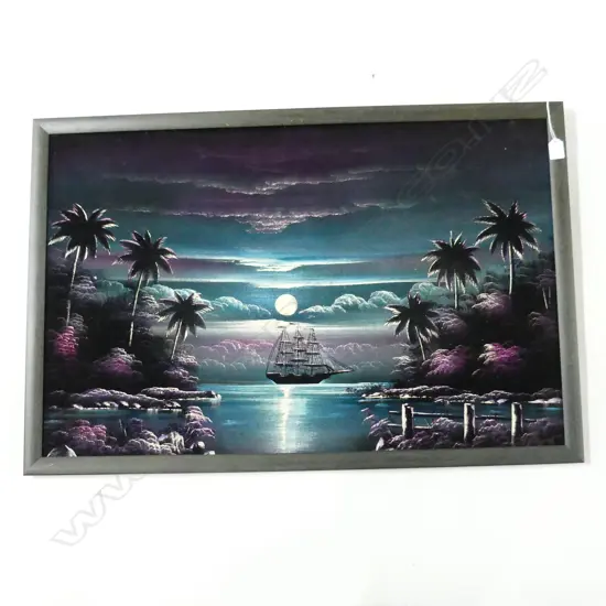 LARGE RETRO VELVET MOONLITGHT SHIP SILLOETTE PAINTING H630 W940