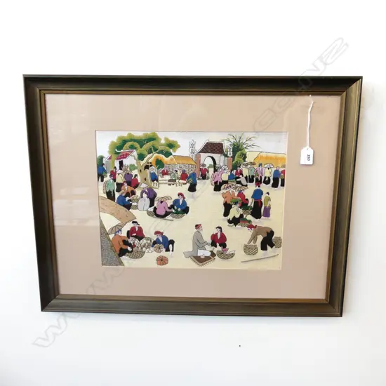 ASIAN MARKET SCENE FRAMED EMBROIDERY 295x390mm