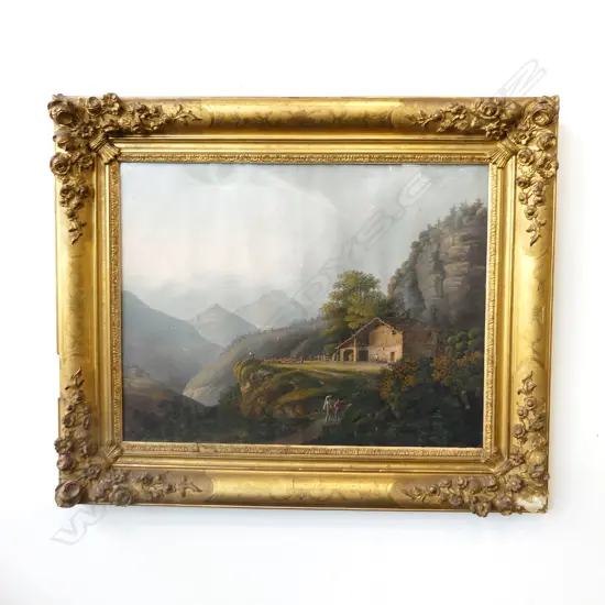 ARTIST UNKNOWN - MOUNTAIN LANDSCAPE w. CHALET - GOUACHE 435x565mm ornate gilt frame 