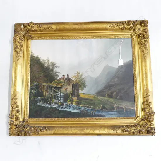 ARTIST UNKNOWN - MOUNTAIN LANDSCAPE w. WATER MILL GOUACHE 435x565mm ornate gilt frame with losses 