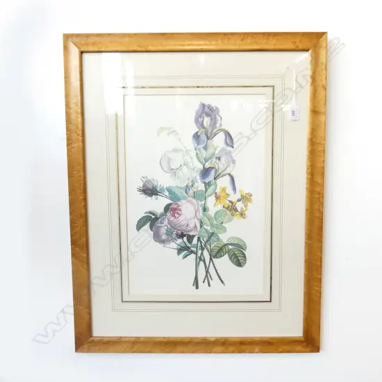 FRAMED FLORAL PRINT IN BIRDS EYE MAPLE FRAME SOME MINOR FOXING 500 X 350 MM