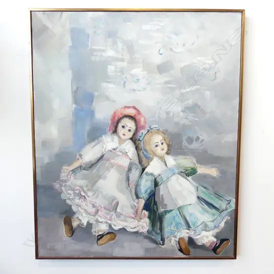 LG OIL ON CANVAS, 2 DOLLS, SIGNED JUNG 730x600mm