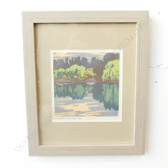 K W HASSELL RIVER SCENE COLOUREED LINO PRINT 1946 PUB H H TOMBS WELLINGTON 140 X 130MM