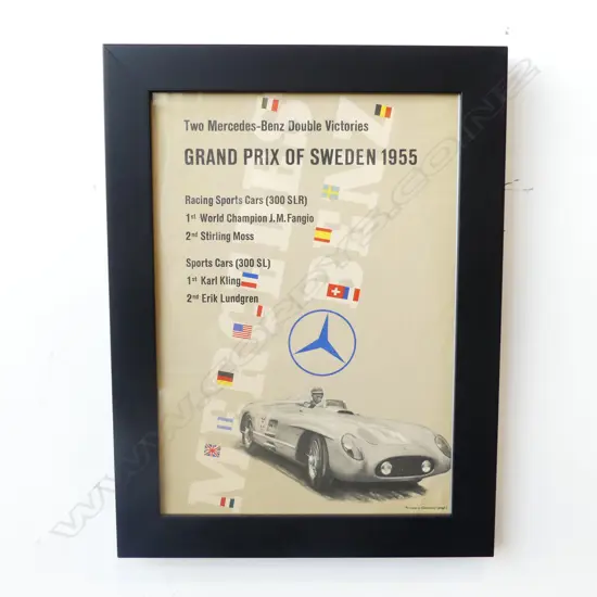 ORIGINAL MERCEDES GRAND PRIX SWEDEN FRAMED POSTER FANGIO AND MOSS PRINTED IN GERMANY 1955  290 X 200 MM