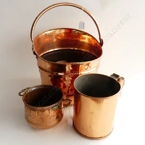COPPER COAL SCUTTLE H400MM LARGE TANKARD H180MM & SMALL 2 HANDLED POT H120MM