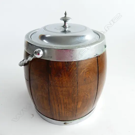 CROME & OAK VINTAGE LIDDED ICE  BARREL W150 H260MM