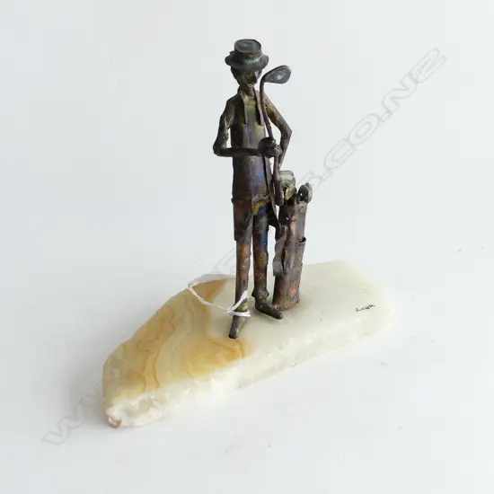COPPER GOLFER SCULPTURE ON ONYX BASE  SIGNED H160 L190MM