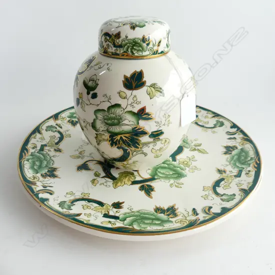 2PCS MASONS CHINA CHARTUESE PAT LIDDED GINGER JAR H140MM LARGE PLATTER DIA 320MM