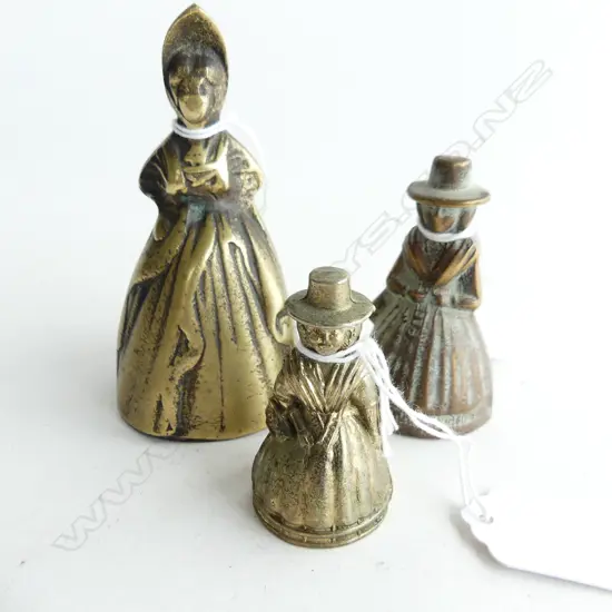 3 VINTAGE BRASS LADY BELLS TALLEST 100MM