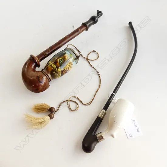 TWO LARGE EUROPEAN PIPES WITH PORCELAIN BOWLS, ONE WITH STAGS IN FOREST, L.300MM, 280MM