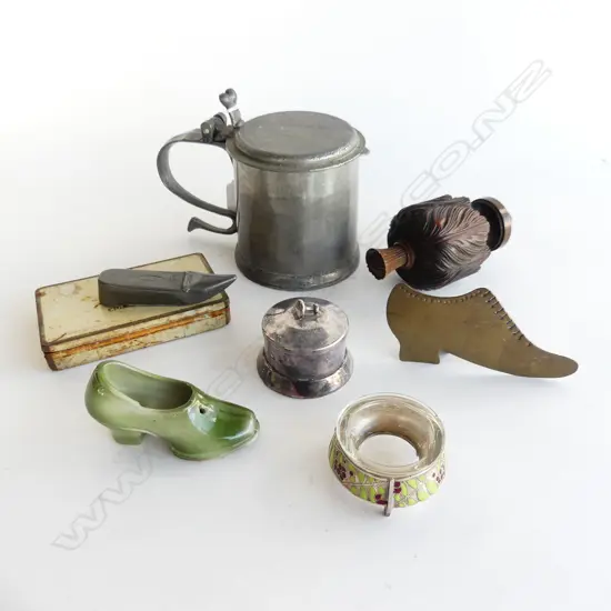 ASST ANTIQUE COLLECTABLES: early pewter mug. 3 shoes(1 snuff box). silver enamel salt. stud box etc