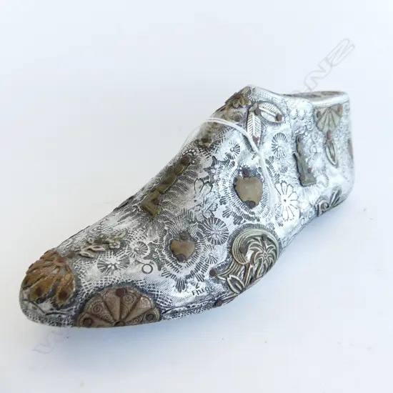 MEXICAN CARLOS INIGO ROBLES FOLK ART SHOE tin overlay brass highlights