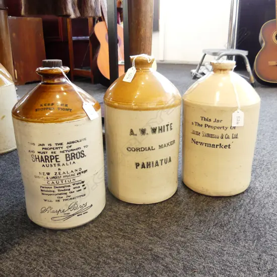 3 OLD STONE CROCKS; SHARPE BROS., A. W. WHITE PAHIATUA, STEVENSON & Co. Ltd. NEWMARKET H.320mm 