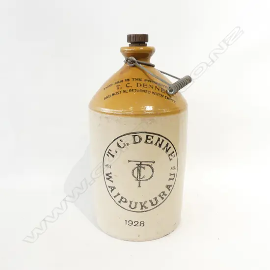 OLD STONE CROCK 'T. C. DENNE WAIPUKURAU 1928' H.350mm