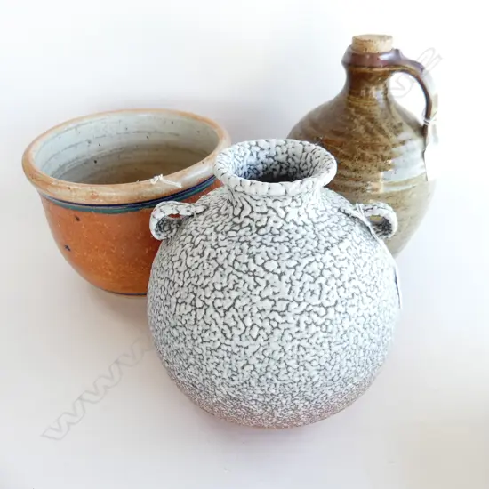 3 pottery pces: RICHARD PARKER CARAFFE + WHITE KNOBBLY glazed vase & jardiniere