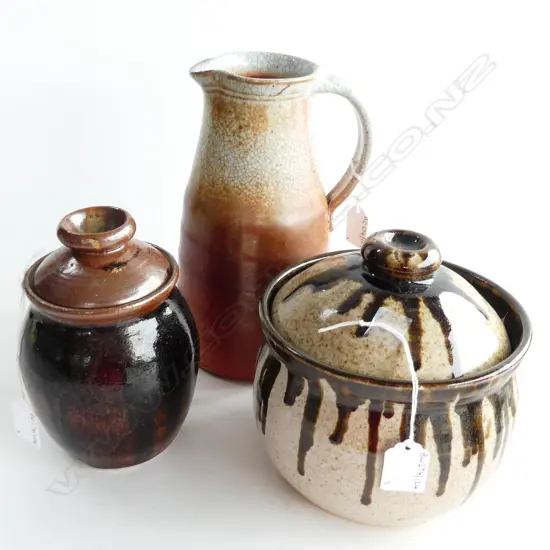 2 STUDIO POTTERY LIDDED JARS H170 & TALL JUG H240MM