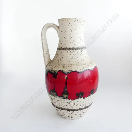 WEST GERMAN POTTERY HANDLED VASE RED HIGHLIGHTS H.295mm