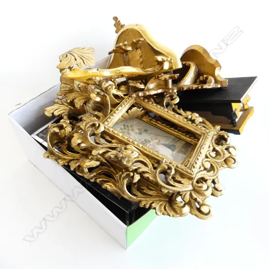 BOX 2 GILDED PICTURE FRAMES 1 BROKEN H.320MM, 3 SML SHELVES HIGHEST 25mm1 X STAND 80MM
