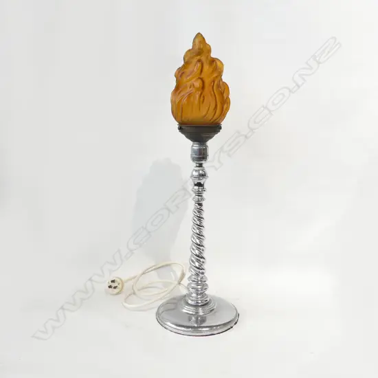 DECO LAMP - CHROME BARLEY TWIST w. AMBER FLAME SHADE H.590mm