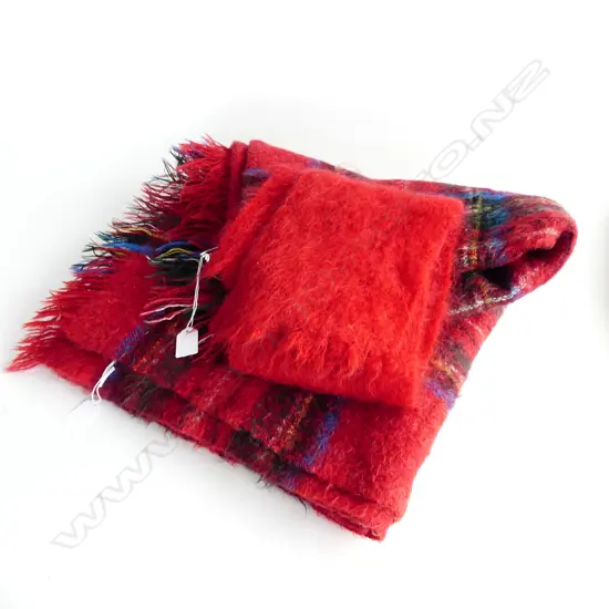 SCOTTISH LABLED MOHAIR WOOL RUG L1M60MM& SCARF L940 RED TARTAN