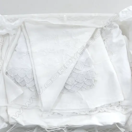 TRAY OF 2 ROUND COTTON LACED TABLE CLOTHES & 2 OTHERS  LARGEST 2MS