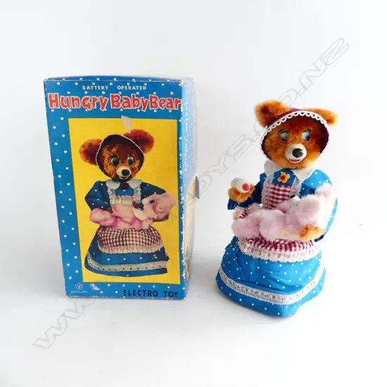 1950’S HUNGRY BABY BEAR TIN & PLUSH TOY BATTERY OP. YONEZAWA JAPAN, L.270MM (BOX)