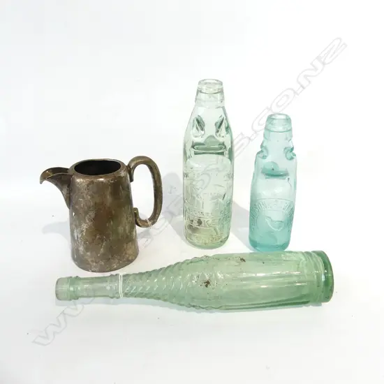 3 OLD GLASS BOTTLES; 2 CODD + EP JUG 'MIDLAND HOTEL' H.290mm