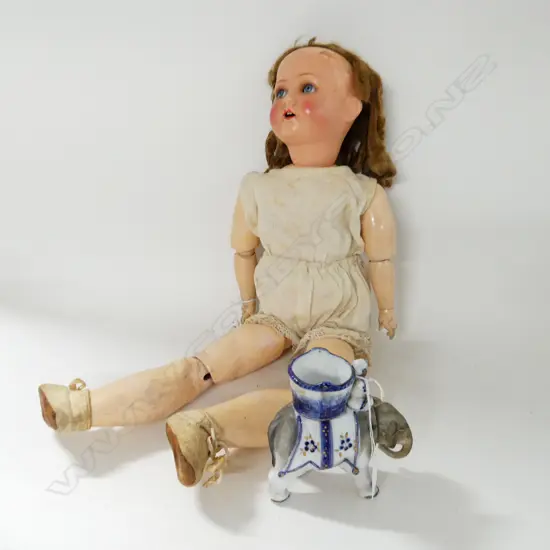 ANTIQUE SCHOENAU & HOFFMEISTER DOLL H.550mm (1 FINGER MISSING) + PORCELAIN ELEPHANT TOY c.1900 H.120mm