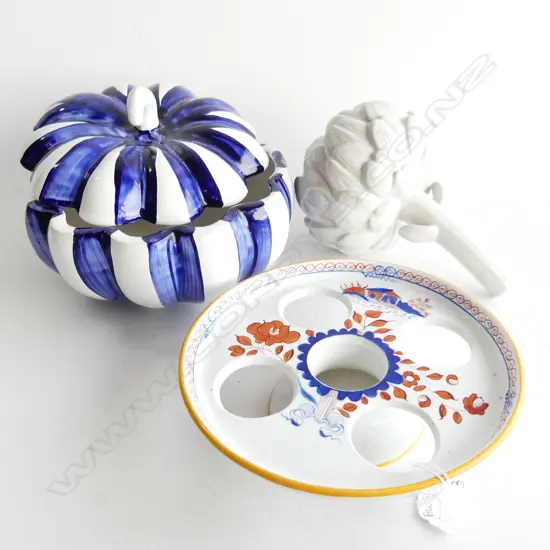 BLUE STRIPED CERAMIC PUMPKIN CONTAINER + ANTIQUE IRONSTONE EGG HOLDER 180mm dia + WHITE CERAMIC ARTICHOKE