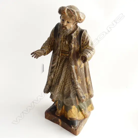 LG PAINTED CARVED WOODEN VINTAGE MALE FIGURE H. 450MM  - ONE HAND MISSING & DAMAGE TO FINGERS ON OTHER 