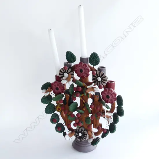 STH AMERICAN POTTERY ADAM & EVE SCULPTED CANDLEABRA H.390mm