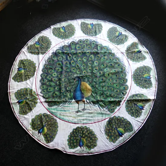 VINTAGE HAND PAINTED PEACOCK CIRCULAR TABLECLOTH ARTIST SIGNED D.1830MM