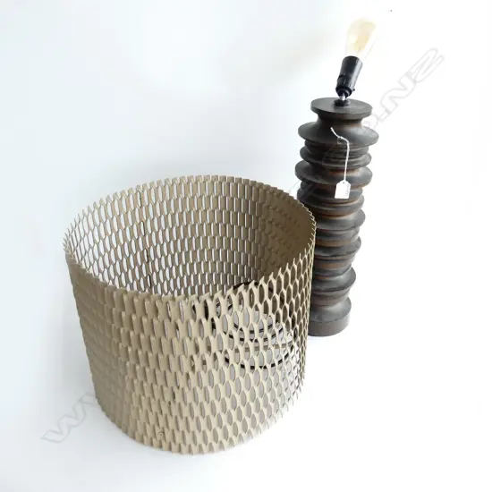 RETRO TURNED WOOD TABLE LAMP & CORROGATED METAL SHADE 