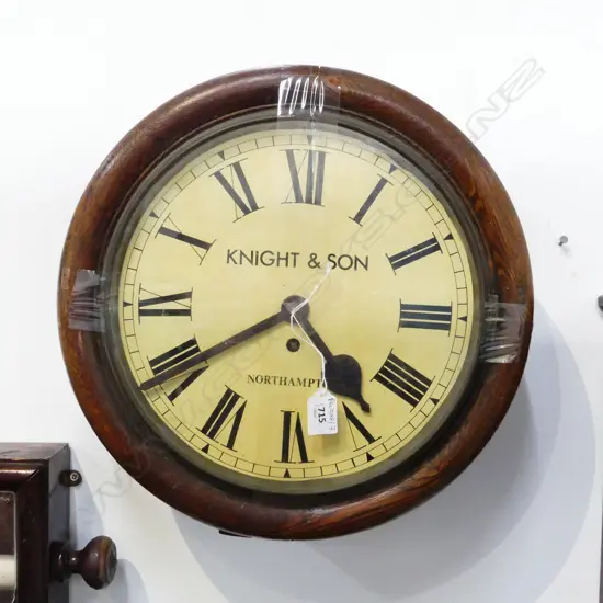 LG ANTIQUE STATION CLOCK, OAK FRAME; KNIGHT & SON NORTHAMPTON 390mm dia