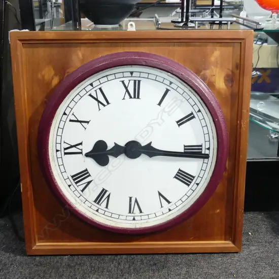 LG VINTAGE CAST IRON ELECTRIC CLOCK EX AUCKLAND TOWN HALL  MOUNTED TO WOODEN FRAME 520mm dia / 620x620mm