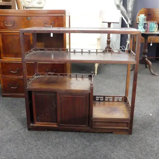 OLD JAPANESE HARDWOOD DISPLAY STAND 4 shelves + pr doors 840 x 810mm.