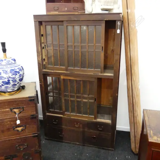 OLD JAPANESE KITCHEN TANSU pattern frosted glass panel doors 1000 x 460 x 1725mm