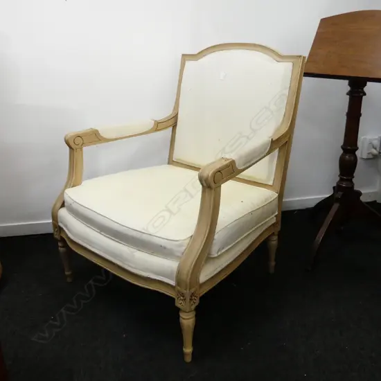 FRENCH STYLE BERGERE WHITE UPHOLSTERED ARM CHAIR - FADING