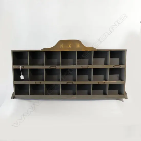 GREY PAINTED WOODEN PIGEON HOLES - NZR STENCIL 980x135x490mm