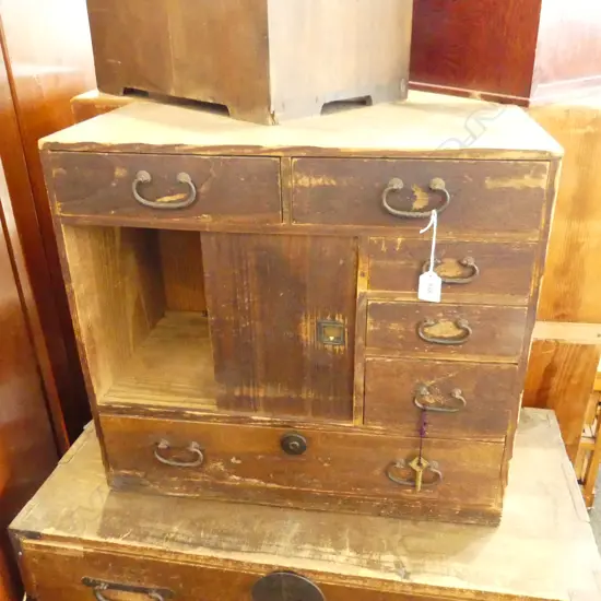 OLD JAPANESE SMALL TANSU CABINET 6 Drawers + pr doors with key