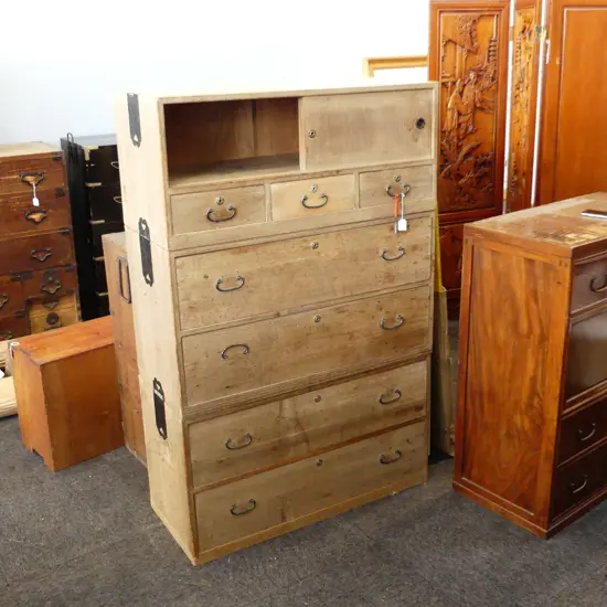 OLD JAPANESE TALL TANSU CHEST limed finish 3 section w key 900 x 380 x 1390mm