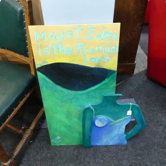 JAN WHITE 'MOUNT EDEN IS THE PROMISED LAND' ACYRLIC & PASTLE ON MDF BOARD 790x615mm