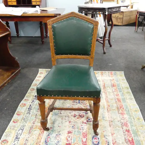 LATE 19th / EARLY 20thC GOTHIC OAK CHAIR w. GREEN LEATHER SEAT & BACK