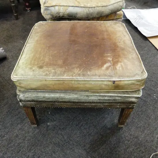 VINTAGE LEATHER CUSHION TOPPED OTTOMAN, ANTIQUE STYLE