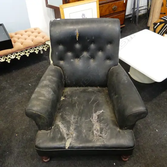 VINTAGE CLUB CHAIR; SOLID FRAME - BLACK VINYL, BUTTON BACK, SOME TEARS