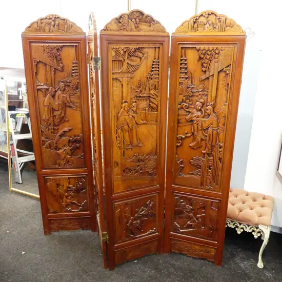 VINTAGE CHINESE TEAK CARVED 4 PANEL SCREEN H.1835mm W.1860mm. well detailed with figures in courtyards