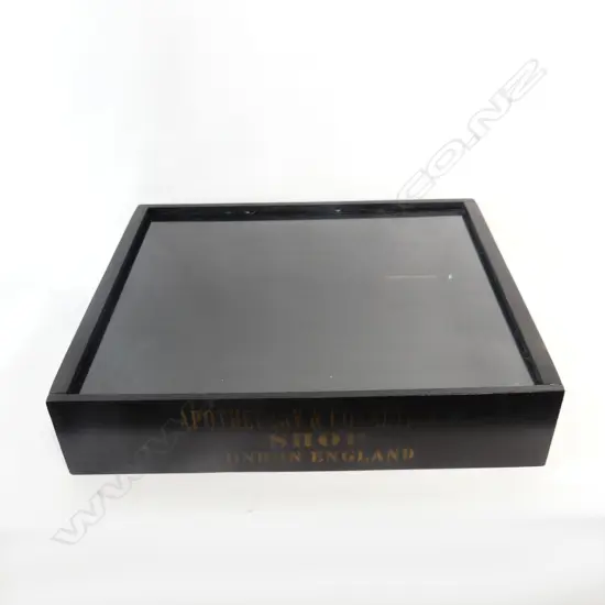 REPRO BLACK PAINTED COUNTER TOP DISPLAY CABINET w. APOTHECARY STENCIL 525x415x145mm